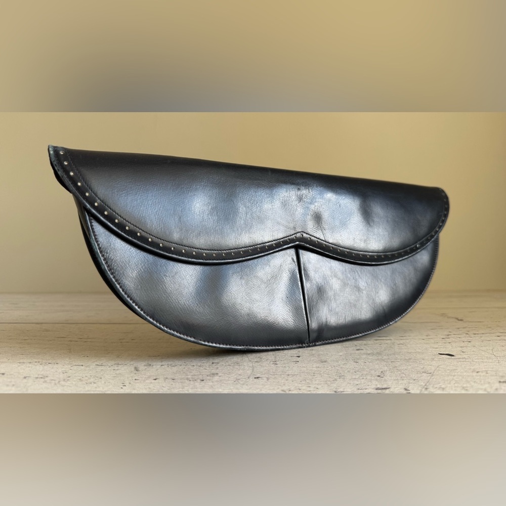 Vintage Navy Blue Leather Clutch Bag with Fingers Strap